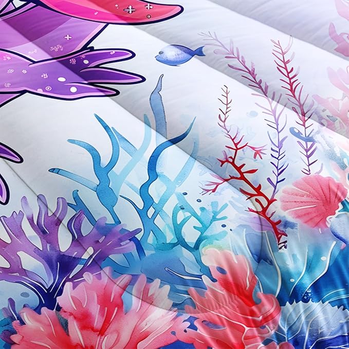 Cute Axolotl Bedding Set Full Size,Pink Axolotl Waterweed Pattern Toddler Bed Comforter Set,Kawaii Sea Life Bedding Sets for Kids Boys Girls Room Decoration with 2 Pillowcases.