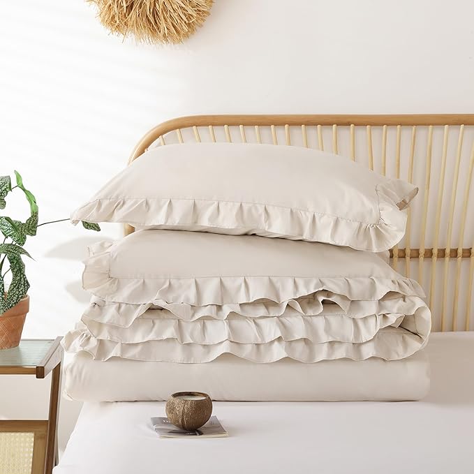 JANZAA Comforter Set Full Size Beige Ruffle Comforter 3PCS Soft Fluffy Comforter Vintage Farmhouse Bed Comforter Set Shabby Chic Bedding with 2 Off White Pillowcases
