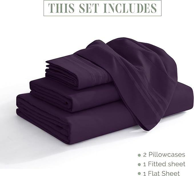 Elegant Comfort Luxurious 1500 Premium Hotel Quality Microfiber Three Line Embroidered Softest 4-Piece Bed Sheet Set, Wrinkle and Fade Resistant, Full, Eggplant-Purple