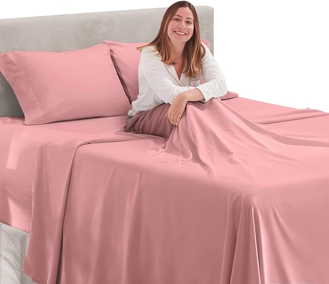 Nestl California King Size Sheet Set, 4 Piece Extra Deep Pocket (18-24 inches), Microfiber, Hotel Luxury, Soft, Breathable, Wrinkle-Free, Easy to Care, Pink Clay