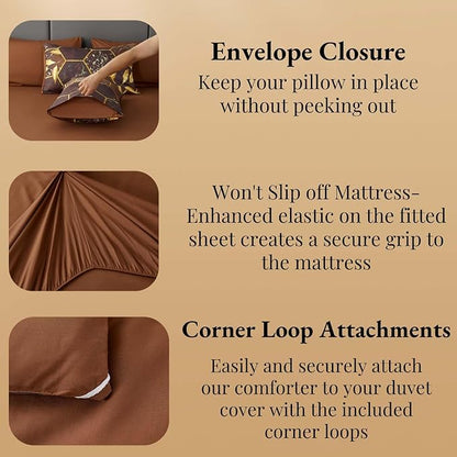 ANGIYUIN Brown Gold Comforter Sets King Size, Geometric Hexagon Bedding Sets, 7 Pieces Marble Comforter Honeycomb Bed in A Bag, Foil Print Bed Sets for Women Men(Brown, King)