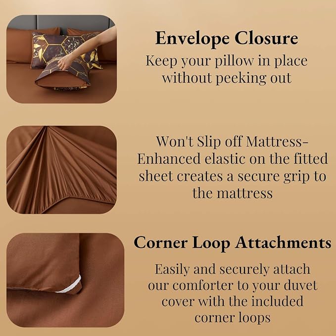 ANGIYUIN 7 Pieces Taupe Gold Comforter Set Geometric Bed in A Bag Full Honeycomb Hexagon Bedding Marble Watercolor Bedding Sets Foil Print Bed Comforter Sets with Pillowcases Sheets (Brown, Full)