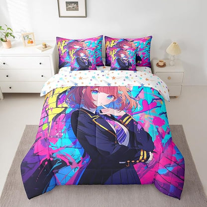 Erosebridal 7 Piece Girls Japanese Anime Comforter Set King, Kawaii Anime Girl Bedding Sets Cartoon Girl Sheet Set for Kids Teens Adult Room Decor,Japanese Animation Sci Fi Style Bed in A Bag