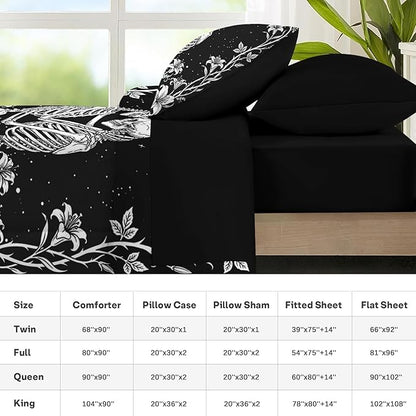 Nesker Comforter Set King Size, Gothic Kissing Skeleton Lover 7 Pcs Bedding for Kids and Adults, Rose Black Lovers Black Bed Sheet Sets with Fitted Sheet 2 Pillowcases & 2 Shams