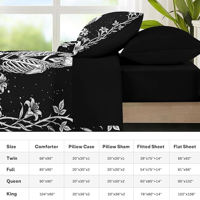Nesker Comforter Set Queen Size, Gothic Kissing Skeleton Lover 7 Pcs Bedding for Kids and Adults, Rose Black Lovers Black Bed Sheet Sets with Fitted Sheet 2 Pillowcases & 2 Shams