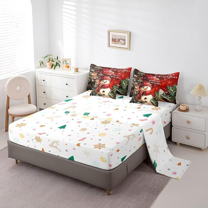 Winter Snowman Comforter Set 7 Pieces,Merry Christmas Trees Flowers Bed Set,Happy New Year Bedding Bed in a Bag Soft,Queen (1 Comforter,2 Pillowcase,2 Pillow Covers,1 Flat Sheet,1 Fitted Sheet)