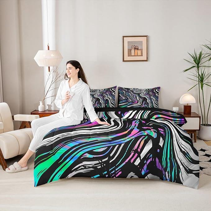 Neon Stripes Bedding Sets Colorful Gradient Geometric Lines Comforter Set for Kids Teens Adults All Season (Comforter Flat Sheet Fitted Sheet 2 Pillowcases 2 Throw Pillow Covers) Queen 7 Pcs