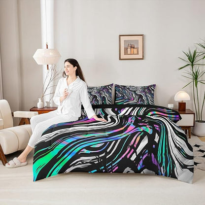 Neon Stripes Bedding Sets Colorful Gradient Geometric Lines Comforter Set for Kids Teens Adults All Season (Comforter Flat Sheet Fitted Sheet 2 Pillowcases 2 Throw Pillow Covers) Queen 7 Pcs