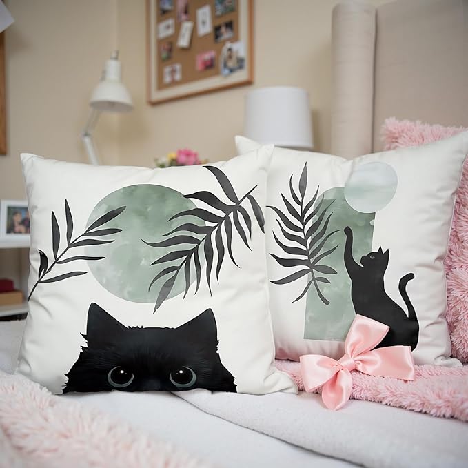 Sage Green Cat Throw Pillow Covers 18x18 Set of 2, for Cat Lovers,Boho Black Cat Pillowcases, Aesthetic Green and Black Decor for Dorm Bedroom Office