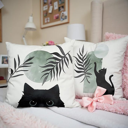 Sage Green Cat Throw Pillow Covers 18x18 Set of 2, for Cat Lovers,Boho Black Cat Pillowcases, Aesthetic Green and Black Decor for Dorm Bedroom Office