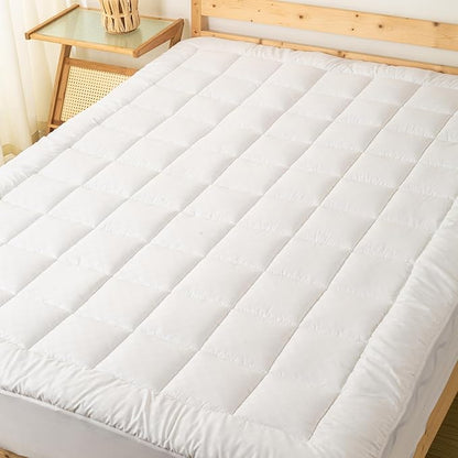 Nutan, Quilted Fitted Mattress Pad – Fitted Elastic Quilted Protector, Cover Stretches up to 18 Inches Deep Pocket - Machine Washable Topper, Full, White