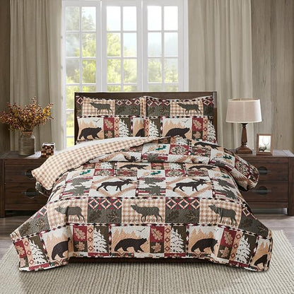 Rustic Lodge Quilt Set King Size Country Cabin Bedspread Coverlet King Moose Bear Reversible Patchwork Quilts Bedding Soft Lightweight Coverlets Forest Bear Farmhouse Bed Cover Sets with 2 Pillow Sham