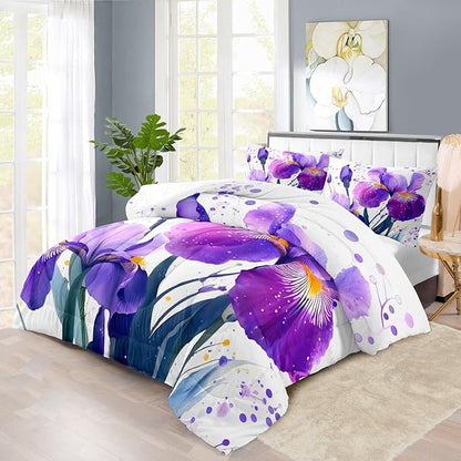 Purple Floral Comforter Set Full Size Woman,Purple Iris Comforter for Girls,Pink Flower Bedding Set Full Bedroom Decor,Floral Bedding Quilt Bed Decor Pink for Kids and Adults