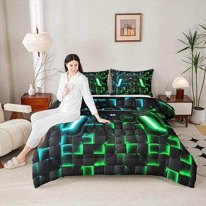 Erosebridal Gaming Queen Comforter Set for Boys Kids Gamer Bedding Sets 3D Geometric Ombre Gamepad Bed Comforter Set for Teen Men Neon Lights Video Game Quilt Duvet Soft Lightweight for All Season