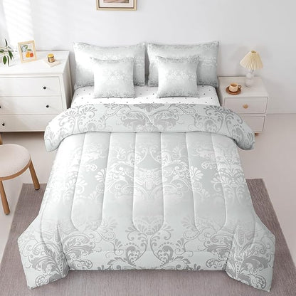 Erosebridal Gothic Damask Bed in a Bag King Size Comforter Set 7 Pieces,Exotic Moth Bedding Sets Silver White Victorian Floral Goth Sheet Set with Comforter