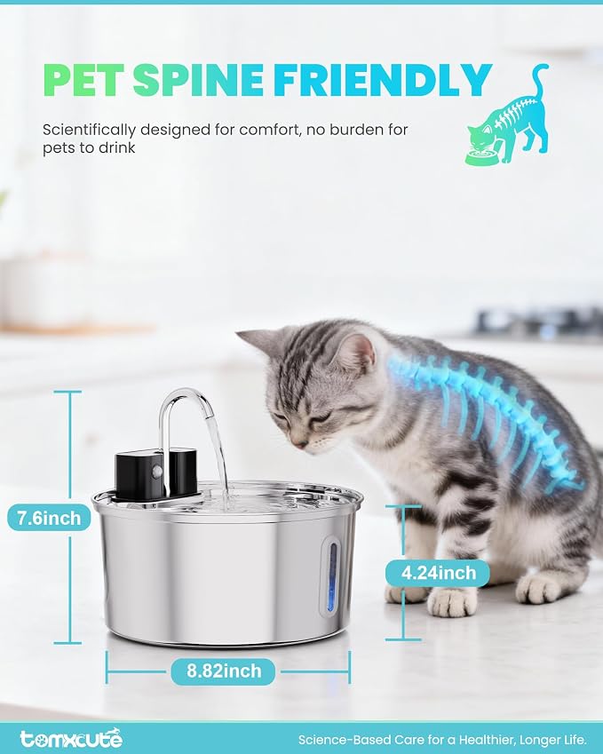 Tomxcute Cat Water Fountain Stainless Steel, 108oz Wireless Pet Fountain | 3 Smart Water Supply Modes Automatic Battery Operated Fountain with 3 Replacement Filters for Cats, Dogs, Multiple Pets