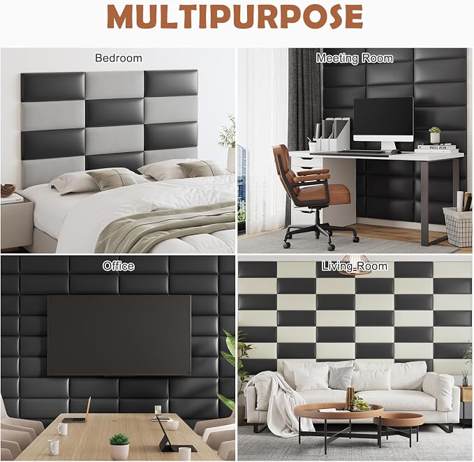 IFNOW Wall Mounted Headboard, Peel and Stick Panels, Black, King | Upholstered 3D Soundproof Acoustic Panels Reusable and Removable Padded Leather Bed Headboard, 12 Panels 9.84" x 23.62"