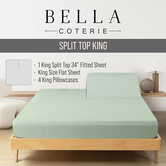 Bella Coterie 6 Piece Luxury Bamboo Viscose Split Top King Size Sheet Set | 34" Split for Adjustable Beds | 100% Organically Grown| Cooling | 18” Deep Pocket | 4 Pillowcases [Sea Glass]