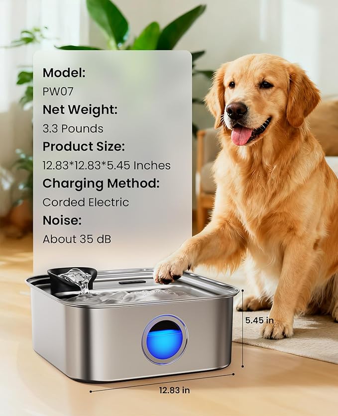 oneisall 10L/2.6Gal Dog Water Fountain for Large Dogs (with 1 Filter) | Deeper & Wider Drinking Area, Visualization Window & Triple Filtration,304 Stainless Steel Dog Water Bowl Dispenser