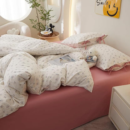 VM VOUGEMARKET Girls Duvet Cover Queen Ditsy Floral Bedding Set Cotton Cottagecore Duvet Cover and 2 Pillowcase with Bow-tie Girls Cute Comforter Cover with Zipper Closure