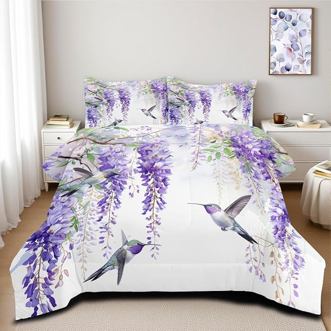 Comforter Set Full Purple Wisteria Bedding Set Hummingbirds Bedding Soft Down Alternative Comforter with 2 Pillowcases, Aesthetic Floral Design