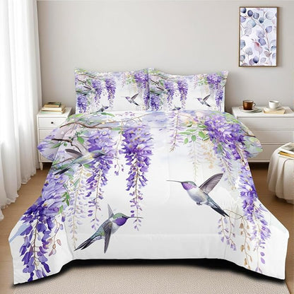 Comforter Set Full Purple Wisteria Bedding Set Hummingbirds Bedding Soft Down Alternative Comforter with 2 Pillowcases, Aesthetic Floral Design