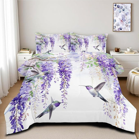 Comforter Set Full Purple Wisteria Bedding Set Hummingbirds Bedding Soft Down Alternative Comforter with 2 Pillowcases, Aesthetic Floral Design