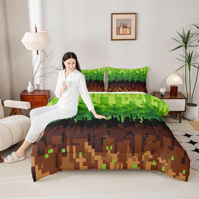Pixelated Kids Bedding Set King Size,Patchwork Grid Video Games Comforter Set,Miners Lattice Simple Quilt Comforter,Brown Green Bedroom Duvet Insert,2 Pillowcases