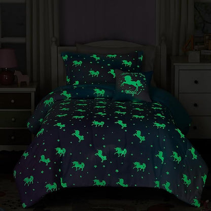 Full Size Comforter Set for Girls-4 Pieces Unicorn Glow in the Dark Full Bedding Sets for Kids, 1 Comforter, 2 Shams and 1 Decor Pillow