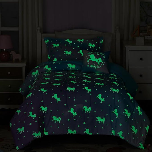 Full Size Comforter Set for Girls-4 Pieces Unicorn Glow in the Dark Full Bedding Sets for Kids, 1 Comforter, 2 Shams and 1 Decor Pillow