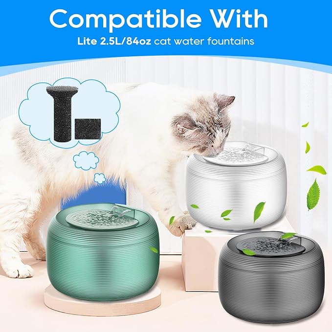 6+6 Pack Lite Fountain Replacement Foam Filters and Sponge Mufflers | 6 Sets Cat Water Fountain Filters Compatible with Lite 2.5L/84oz Cat Water Fountain Foam Pet Water Filters Replacment for Pet