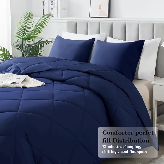 3-Piece King Comforter Set,All-Season,Soft & Hypoallergenic &Breathable Bedding,Polyester Quilted,Down Alternative(Comforter*1 & Pillowcases*2),Dark Blue