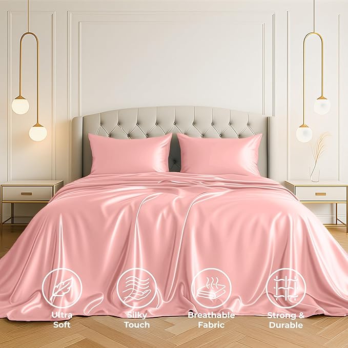 Satin Sheets California King [4-Piece, Pink] Luxury Silky Bed Sheets - Extra Soft 1800 Microfiber Sheet Set, Wrinkle, Fade, Stain Resistant - Deep Pocket Fitted Sheet, Flat Sheet, Pillow Cases