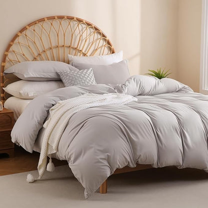 JSD Light Grey Duvet Cover Set Full Size, 3 Piece Duvet Cover with Pillow Shams, Soft Brushed Microfiber Zipper Closure, Comforter Not Included
