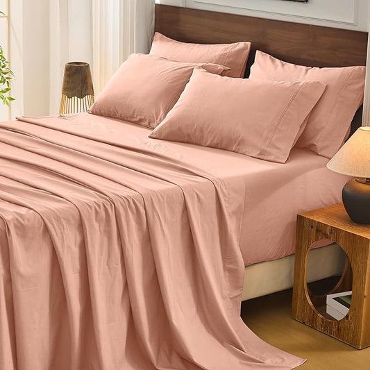 Bedlifes 100% French Flax Linen Sheets Set California King Size-6 Piece Extra Deep Pocket 18-24",Soft Breathable Cal King Bed Sheets with Temperature Regulating & Moisture-Wicking(Blush Pink