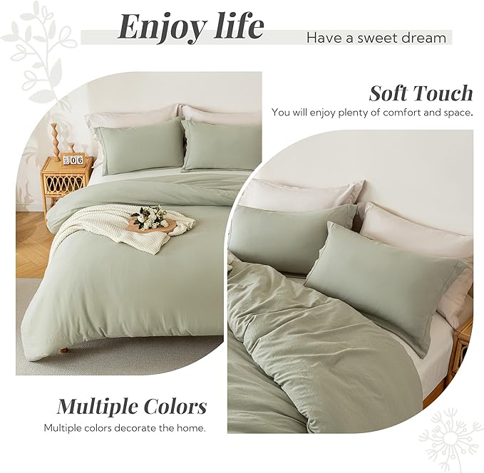MILDLY Super Soft Duvet Cover - 100% Washed Microfiber October Mist Sage Comforter Cover Set 3 Pieces with Zipper Closure & Corner Ties (No Comforter)