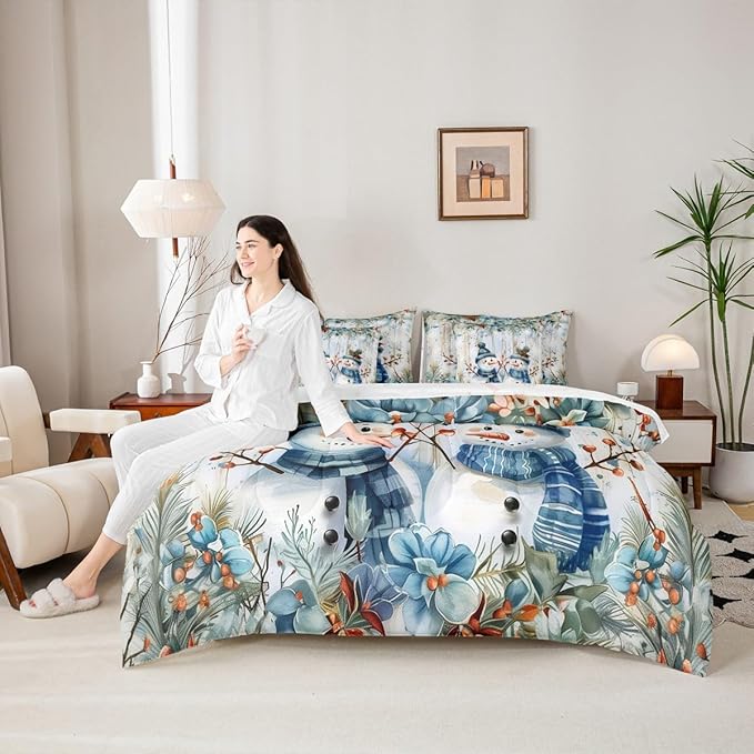 Castle Fairy Funny Xmas Snowman Reversible 7 Pieces Comforter Set,Blue Christmas Flowers Bed Sheet Set for Kids Teens Boys,Botanical Fruits Plants Bedding Set with Comforter,Fitted & Flat Sheet,Full