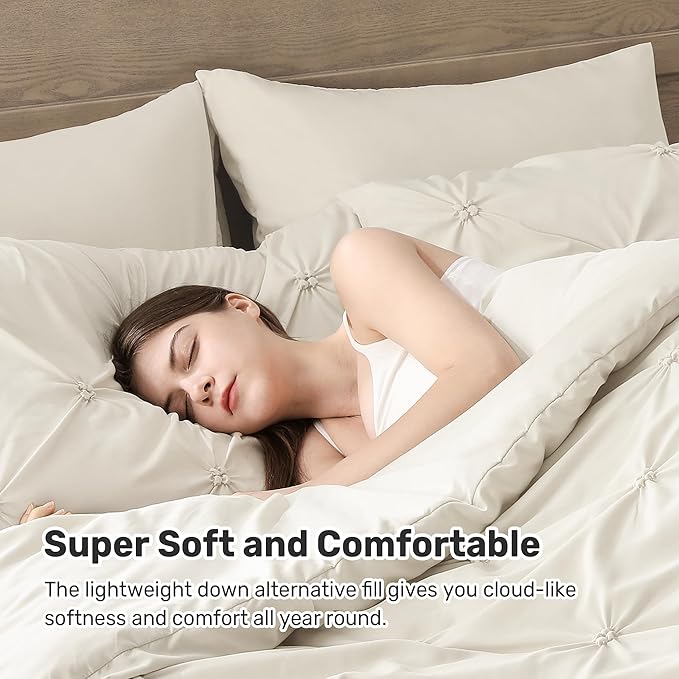 UNIKOME King Size Comforter Set Beige - Ultra Soft Boho Pintuck Cream Down Alternative Bedding Set for All Seasons, 3 Pieces Lightweight Warm Pinch Pleat Bed Set with Comforter, 2 Pillowcases