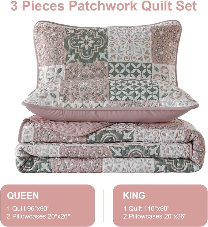 Dobuyly Blush Quilt Set Queen Size, Boho Patchwork Plaid Bedspread Coverlet Set, 3 Pieces Soft Microfiber Farmhouse Quilt Bedding Set Lightweight Bed Cover for All Seasons 96"x90"