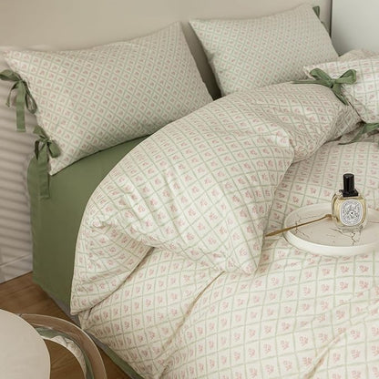 HighBuy Aesthetic Floral Comforter Set Twin XL Pink Flowers Grid Coquette Bedding Comforters Set Fluffy for Kids Girls Twin XL Bed 1 Boho Chic Comforter 2 Bowknot Bow Tie Pillowcases