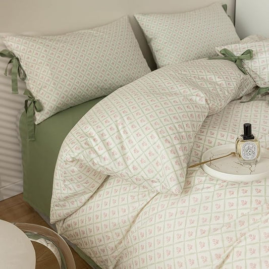 HighBuy Aesthetic Floral Comforter Set Twin XL Pink Flowers Grid Coquette Bedding Comforters Set Fluffy for Kids Girls Twin XL Bed 1 Boho Chic Comforter 2 Bowknot Bow Tie Pillowcases