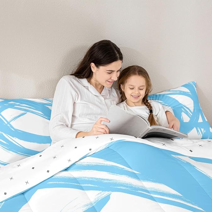 Erosebridal Blue and White Abstarct Queen Comforter Set for Adult Women Men, Geometric Striped Bedding Set for Minimalists,Graffiti Aesthetic Lines Quilt,Contemporary Boho Modern Art Duvet Insert