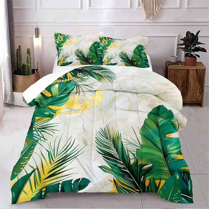 Tropical Palm Leaf Comforter Set King 3Pcs White Gold Marble Bedding Set Green Botanical Palm Leaves Bedding Soft Down Alternative Comforter Sets with 2 Pillowcases
