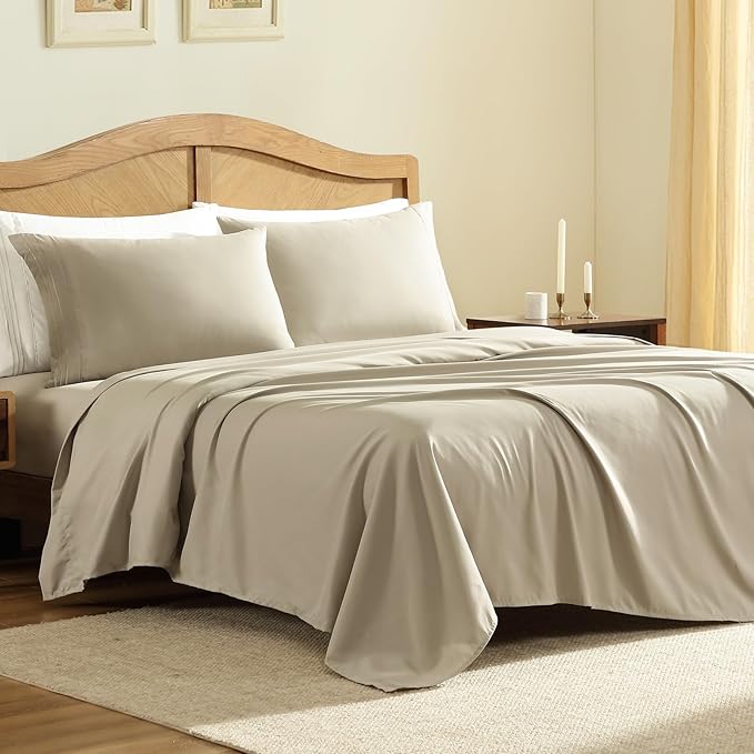ClevaHome Sheet Set King Size, 4-Piece Bedding, Lightweight & Super Soft Easy Care Microfiber– Shrinkage & Fade Resistant Bedding Set with 14'' Deep Pockets (Sandy Beige)