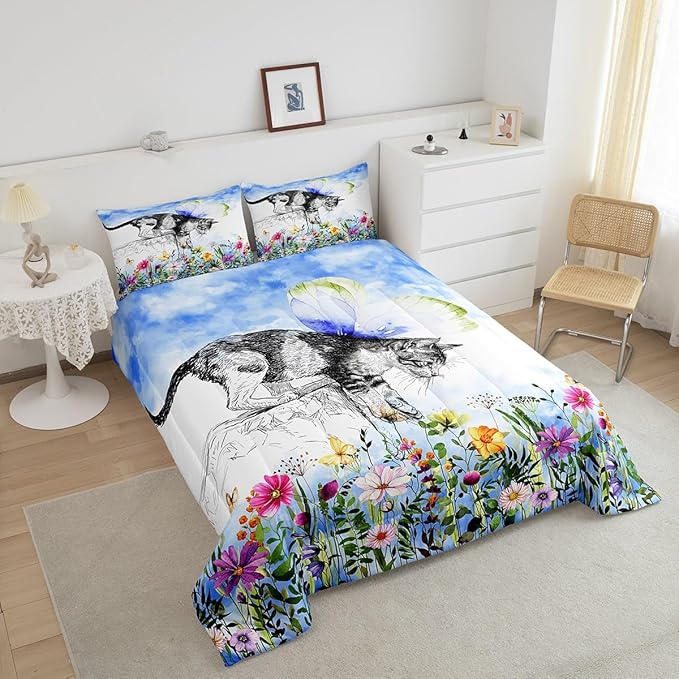 Erosebridal Cat Comforter Colorful Flower Bedding Set Cute Pet Animal Down Full Butterfly Floral Leaves Plant Duvet Black and White Kawaii Farmhouse Room Decor Blue 3Pcs Warm Soft
