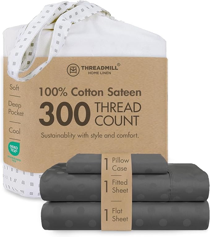 Threadmill Cotton Twin Sheet Set | 100% Cotton Sheets for Twin Size Bed | Damask Jacquard Sateen Twin Bed Sheets Set with 16” Deep Pocket | Soft Breathable 3-Piece Cooling Sheet Set | Dark Grey