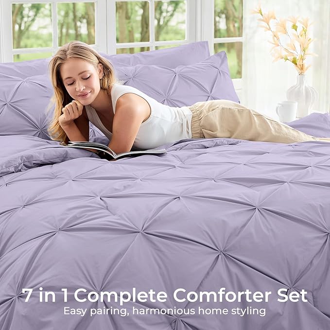 Sasttie Twin XL Comforter Set, 5-Piece Bed in a Bag, Pintuck Bedding Sets for All Season, Includes Comforter, Flat Sheet, Fitted Sheet, Pillowcase and Pillowsham, Lavender