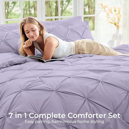 Sasttie Twin XL Comforter Set, 5-Piece Bed in a Bag, Pintuck Bedding Sets for All Season, Includes Comforter, Flat Sheet, Fitted Sheet, Pillowcase and Pillowsham, Lavender