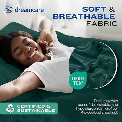 DREAMCARE Twin XL Sheets Set - 4 Pcs Cooling Bed Sheets with Up to 15" Deep Pockets - Soft, Long-Lasting 100% Brushed Polyester with Side Pocket (Emerald Green)
