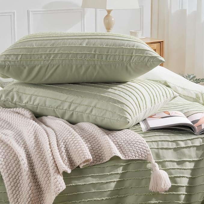 NEXHOME PRO Duvet Cover Full,3 Pieces Boho Tufted Duvet Cover Set, Soft and Lightweight 100% Washed Microfiber Comforter Cover Set for All Season(Sage Green,80 x 90)-No Comforter